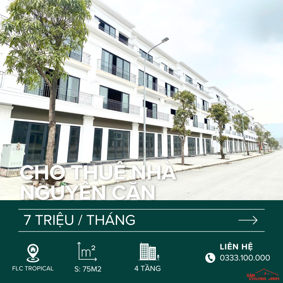 THUÊ CĂN SHOPHOUSE XÂY THÔ FLC TROPICAL CITY HA LONG - PHƯỜNG CAO XANH - QUẢNG NINH.